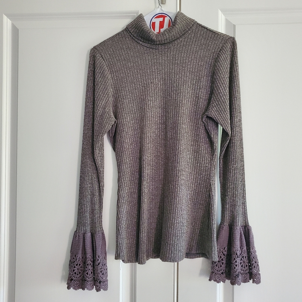 VaVa By Joy Hahn Ribbed Turtleneck RomantiSweater with Lace Bell Sleeves, Size M